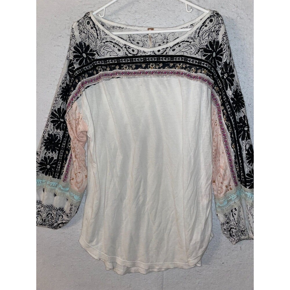Free People Women's Tripoli Floral Embroidered Long Sleeve Top Sz S White
